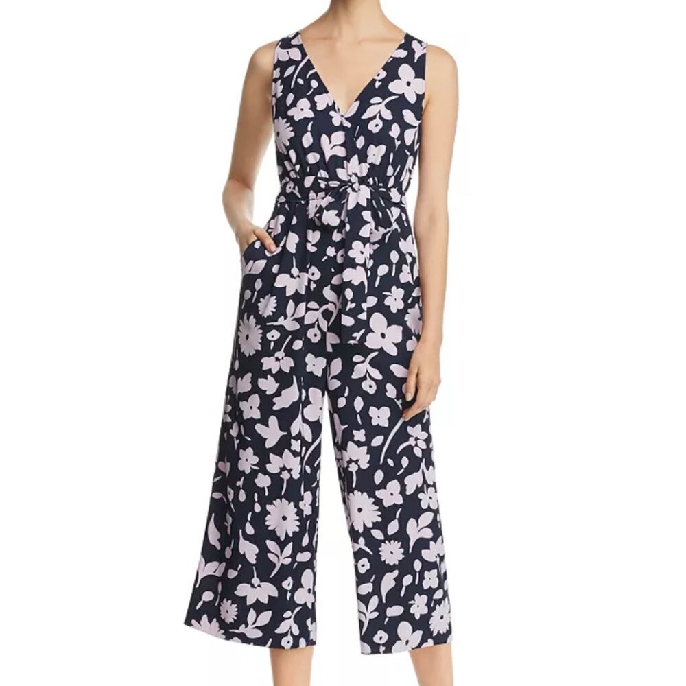 Kate Spade New York Splash Tie Waist Jumpsuit Navy and Pink Floral Sz 10